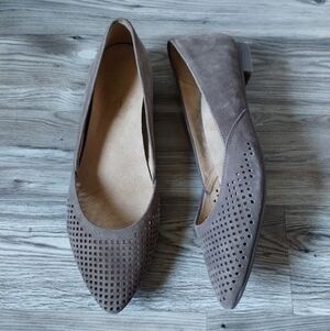 Vionic Posey Taupe Suede Women's Perforated Pointed Toe Slip On Flats